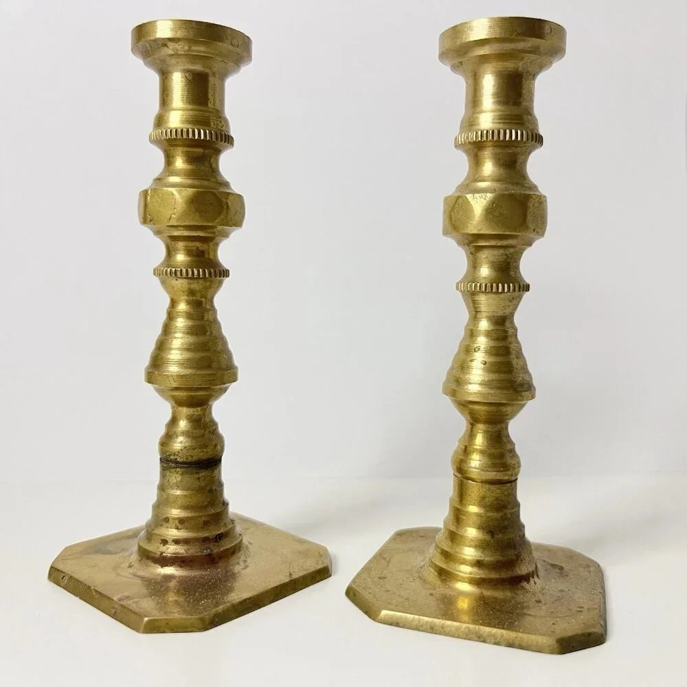 Vintage Mini Solid Brass Candlesticks Pillar Candle Holders Art Deco 2 Pc